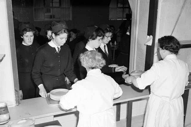 Catering staff serve pupils at the James Gillespie's School canteen in April 1958.