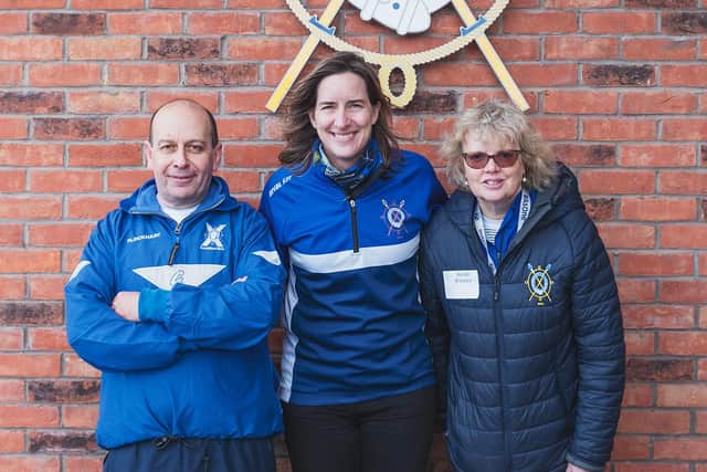Dame Katherine Grainger, Olympic gold medallist and six times world champion, returned to her rowing roots to officially open the St Andrew Boat Club’s new £1 million boathouse. She is pictured, centre, with Sarah Whitley, club president and captain Lindsay Flockhart, current Chair of UK Sport