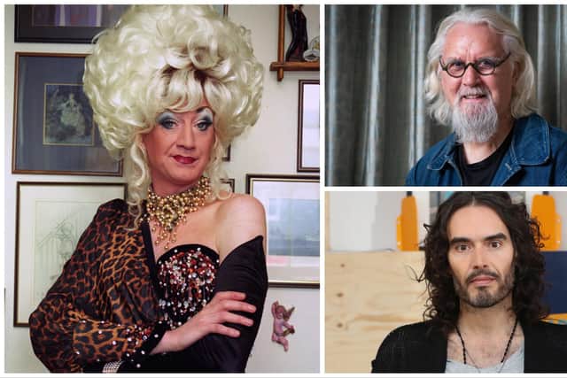 Clockwise from left, Paul O'Grady, as Lily Savage,  Billy Connolly and Russel Brand.