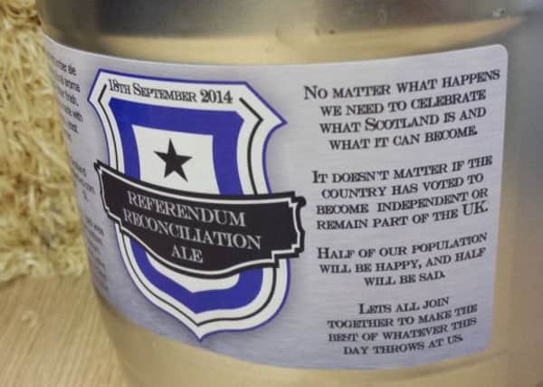 The Reconciliation Beer has been released by Edinburgh company in a bid to help heal the divides caused by the Independence referendum. Pic: comp