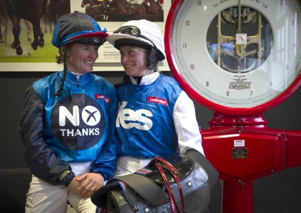 Jockeys Carol Bartle and Rachael Grant, who contested the Ladbrokes Referendum Race at Musselburgh. Pic:Jane Barlow