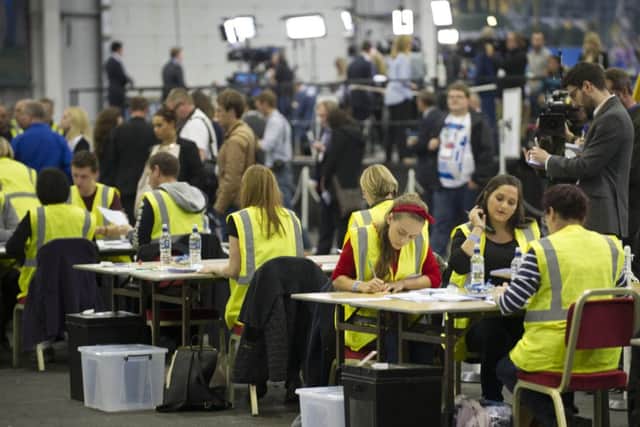 Postal votes are counted first at the Count Collection Centre at the Royal Highland Centre, Edinburgh. Pic:Jane Barlow