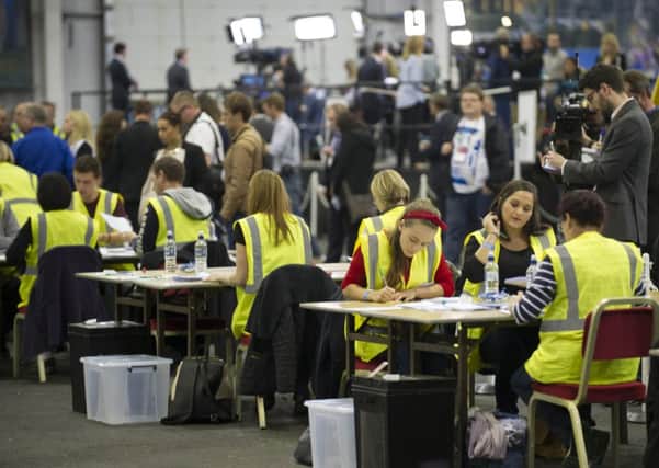 Postal votes are counted first at the Count Collection Centre at the Royal Highland Centre, Edinburgh. Pic:Jane Barlow