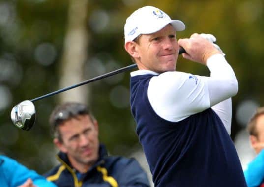 Stephen Gallacher on the seventh tee during the third practice day at the 2014 Ryder Cup at Gleneagles. Pic: Jane Barlow