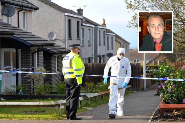 Police have cordoned off the property where Colin Armstrong, inset, was found stabbed to death. Picture: Jane Barlow