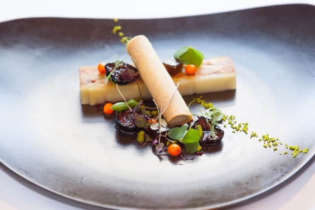 Chicken and Potato Pressé, Pickled Plums, Liver Parfait, Bread Tuille