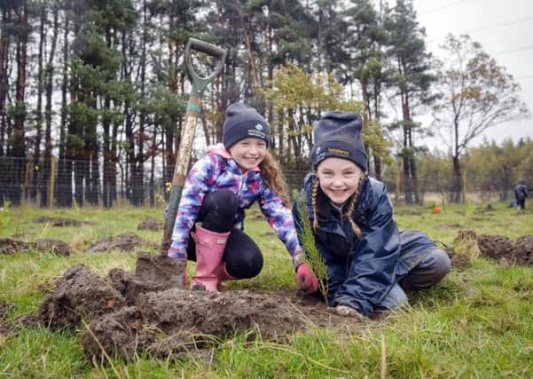 Currie Primary pupils Rosie and Karis help with the planting. Picture: Helen Pugh