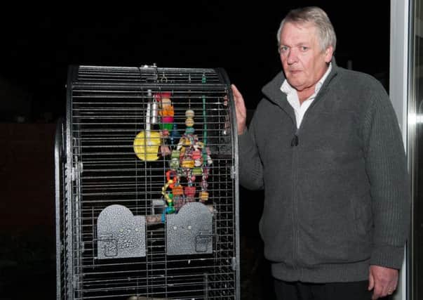 David Campbell, pictured with Specials cage, is offering £500 for the birds return. Picture: Andrew O'Brien