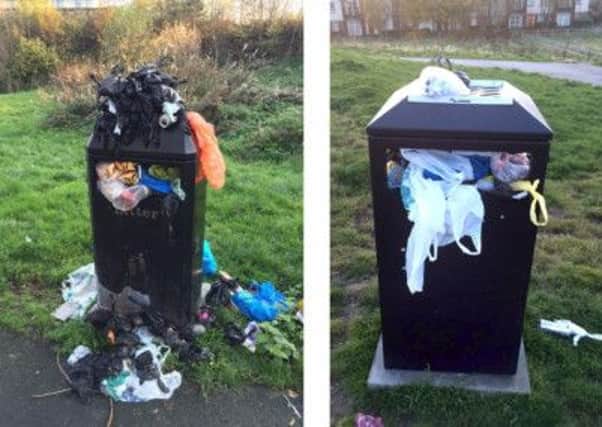 Bins at Carrick Knowe golf club, right, and Restalrig railway path, are among those not emptied