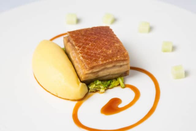 11 Hour Slow Roasted Belly Pork, Toffee Apple Jus, Pomme Purée. Picture: Paul Johnston