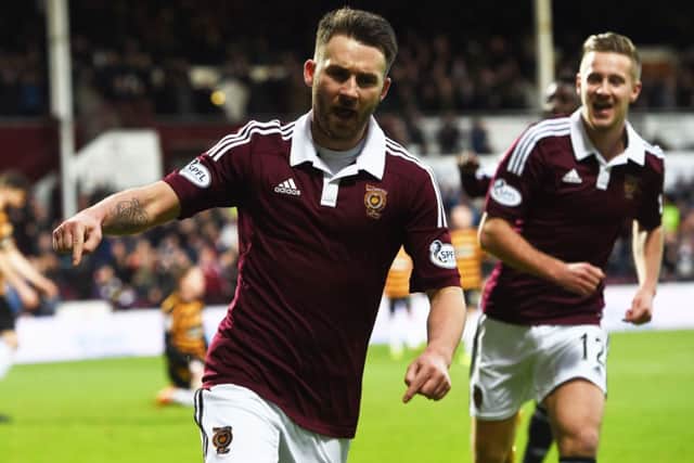 Hearts' James Keatings (left) celebrates his goal. Picture: SNS