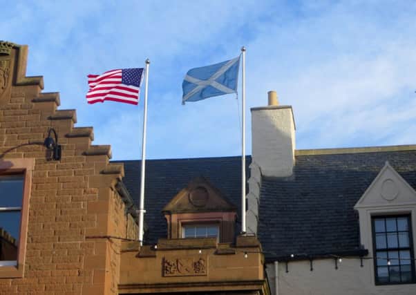 The Saltire and the US flag above Dunbar Town House. Picture: contributed