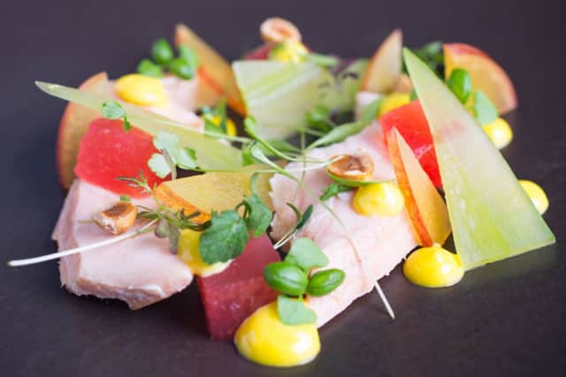 Hot Smoked Salmon, Apple, Watermelon, Hazelnuts and Saffron Mayonnaise. Picture: Paul Johnston