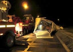 photo shows overturned lorry on the Forth Road Bridge this morning 09/01/2015.
The Forth Road Bridge has been closed to all veichles due to the strong winds hitting scotland this morning