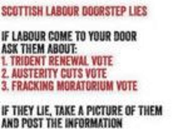 The Facebook message urging SNP supporters to take pictures of Labour canvassers. Picture: contributed