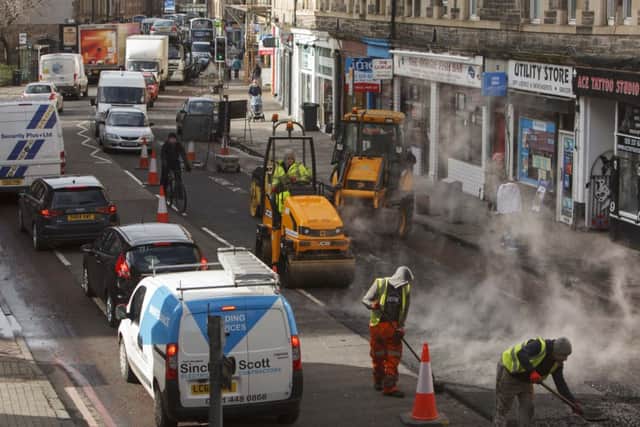 Traffic builds up on Gorgie Road due to the roadworks and diversions. Picture: Toby Williams