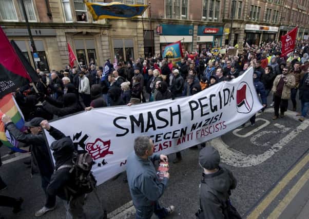 A counter-demonstration held adjacent to the rally by the UK branch of the German group Pegida in Newcastle. Picture: AFP/Getty