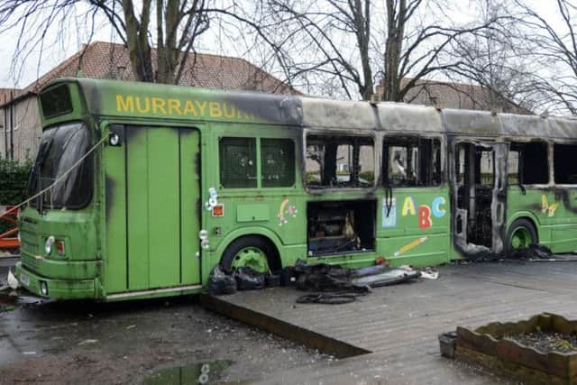 The burnt-out classroom bus at Murrayburn Primary. Picture: Julie Bull