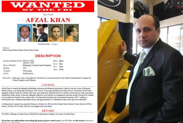 The FBI wanted poster for Khan and right, an image of him at Emporio Motor Group. Picture: Contributed