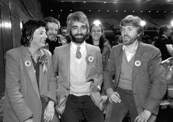Labour candidate Alistair Darlingand his supporters Val Woodward and Ian Newton when the Regional Council election results come in at Meadowbank stadium, Edinburgh, May 1982.