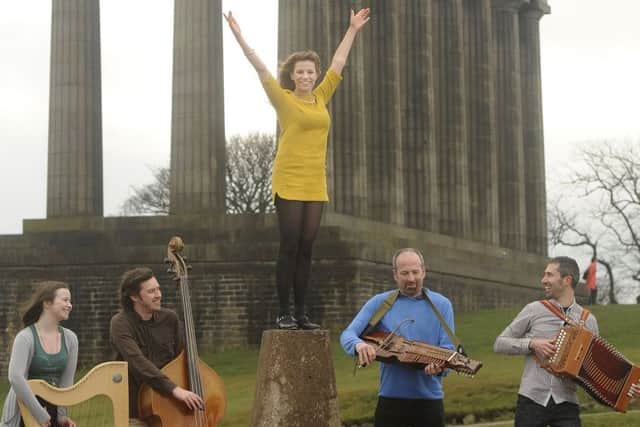 Performers Eilidh Munro, Alistair Cole, Sophie Stevenson, Gavin Pennycook and Davide Panzeri prepare for TradFest on Calton Hill. Picture: Greg Macvean