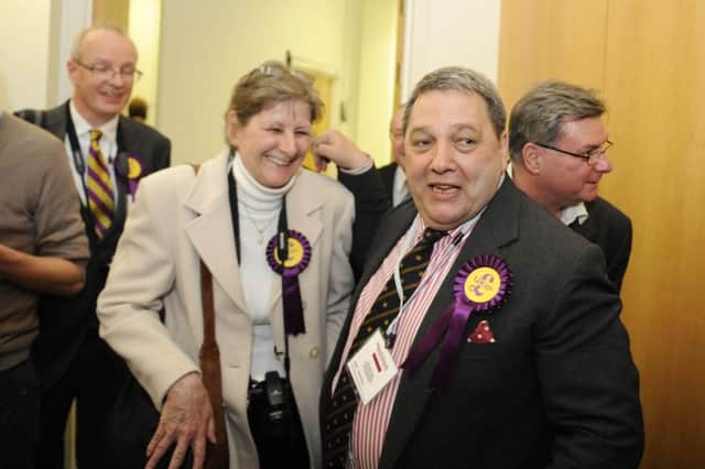 David Coburn of UKIP celebrates winning his seat last year. Picture: TSPL