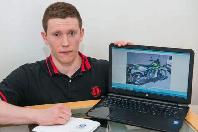 Student Niall McLeods neon green Kawasaki trail bike was stolen in September 2013. Picture: Ian Georgeson
