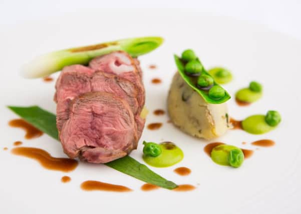 Roasted spring lamb rump with pea puree and Jersey Royal. Picture: Paul Johnston