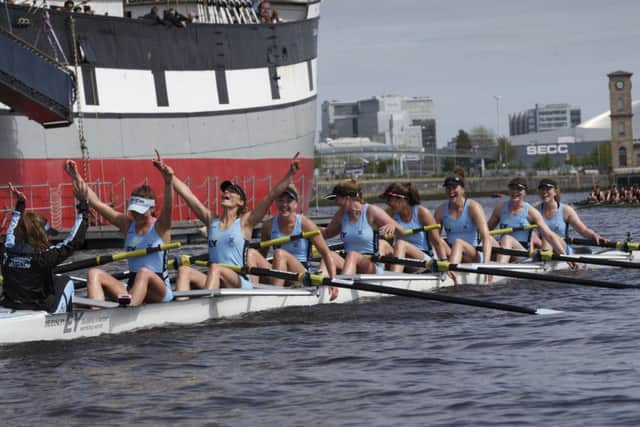 Edinburgh win Women's First and celebrate at the finish by the Glenlee outside the Riverside Museum, Glasgow. Pic: Robert Perry