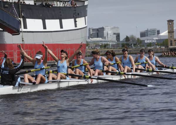 Edinburgh win Women's First and celebrate at the finish by the Glenlee outside the Riverside Museum, Glasgow. Pic: Robert Perry