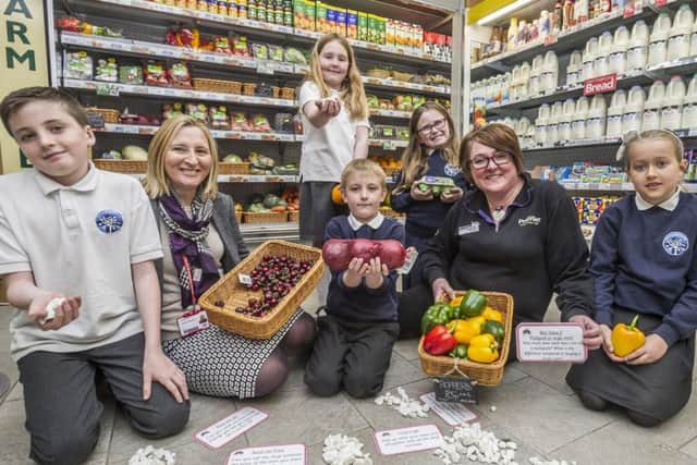 Pentland Primary headteacher Pam MacKay and store manager Jill Davey with pupila Callum O'Donnell, Rory McLean,  Emma Fair, Emily Hammond and Sapphire Ogilvie. Picture: Scott Taylor