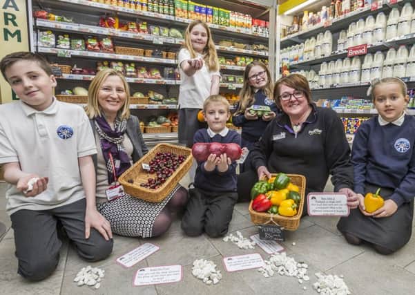 Pentland Primary headteacher Pam MacKay and store manager Jill Davey with pupila Callum O'Donnell, Rory McLean,  Emma Fair, Emily Hammond and Sapphire Ogilvie. Picture: Scott Taylor