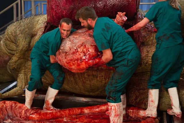 Dr Steve Brusatte, left, and Matthew T Mossbrucker lift the T-Rex stomach out of the body