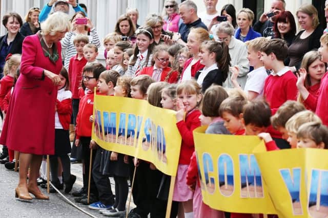 The Duchess of Rothesay is greeted by Towerbank pupils. Picture: Andrew Milligan/PA