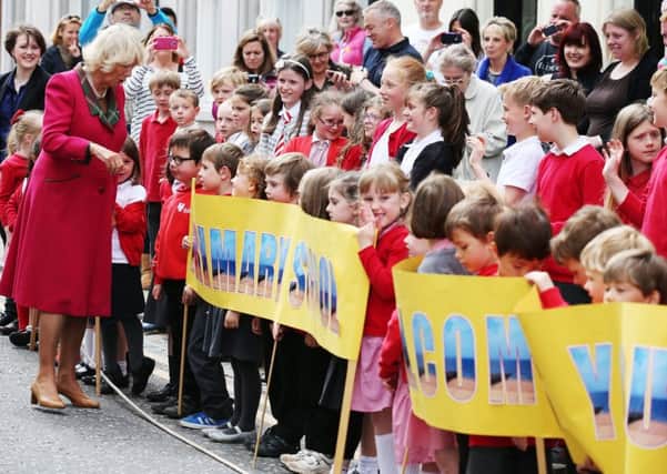 The Duchess of Rothesay is greeted by Towerbank pupils. Picture: Andrew Milligan/PA
