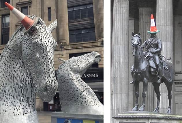 The mini Kelpies statue in Edinburgh, and the Duke of Wellington statue in Glasgow. Pictures: EdinburghCoffee/Wiki Commons