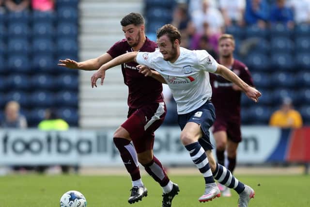 Will Keane of Preston North End in action with Callum Paterson of Hearts. Picture: Getty