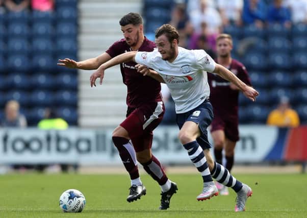 Will Keane of Preston North End in action with Callum Paterson of Hearts. Picture: Getty