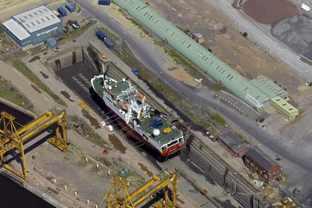 The Dales Marine Services dry dock facility at Imperial Dock, Leith with the survey vessel Fugro Meridian. Picture: Contributed