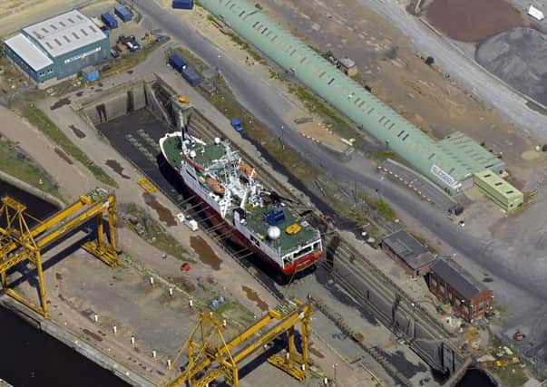 The Dales Marine Services dry dock facility at Imperial Dock, Leith with the survey vessel Fugro Meridian. Picture: Contributed