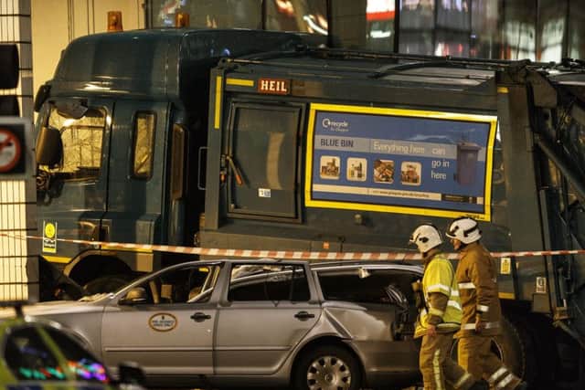 The crashed bin lorry in George Square Picture: Robert Perry