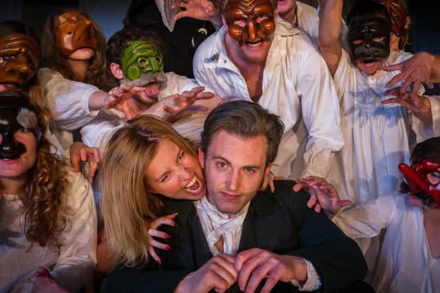Kieran Bain who plays Burns with Daniell Hogg who plays Nanny Cutty Sark and cast in costume from the Tam O'Shanter' scene. Picture: Scott Taylor