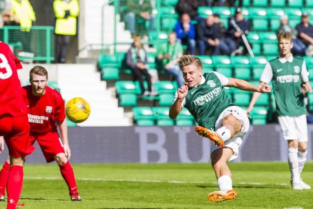 Hibernian's Jason Cummings put his side 3-0 in front. Picture: SNS