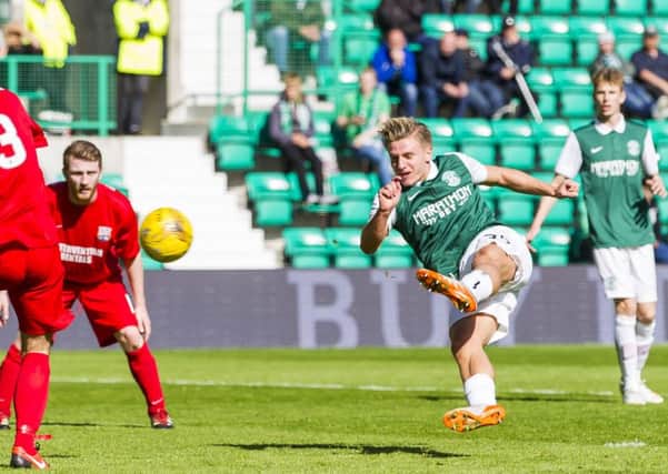 Hibernian's Jason Cummings put his side 3-0 in front. Picture: SNS