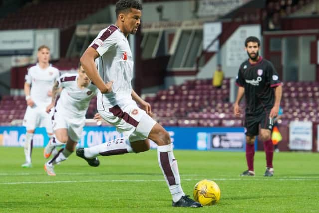 Osman Sow scored twice to help Hearts beat Arbroath 4-2 in round one. Pic: Ian Georgeson