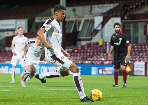 Osman Sow scored twice to help Hearts beat Arbroath 4-2 in round one. Pic: Ian Georgeson
