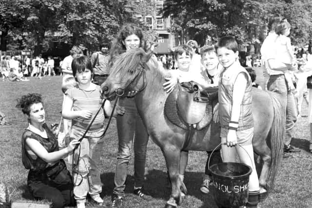 Nanoushka provedes pony rides for children at The Meadows festival in Edinburgh, June 1985. Picture: TSPL