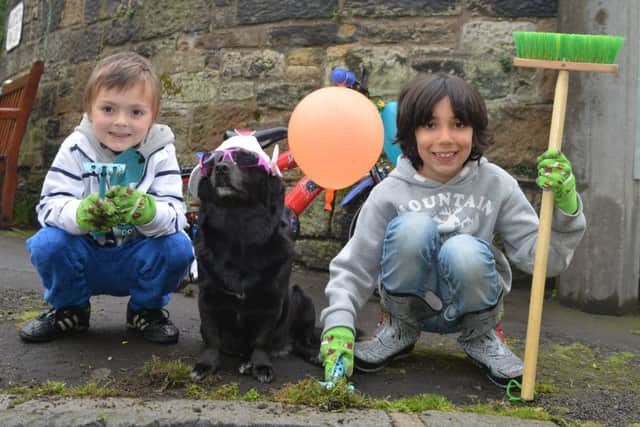 Ben and Harry Wilson with dog Lulu. Picture: Jon Savage