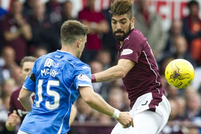 Brad McKay and Juanma Delgado tussle at Tynecastle. Pic: Ian Rutherford