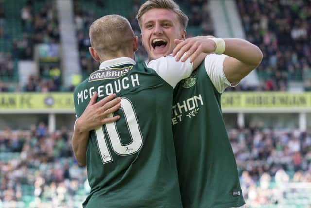 Joy is etched on Jason Cummings' face after he makes the points safe for Hibs. Picture: SNS